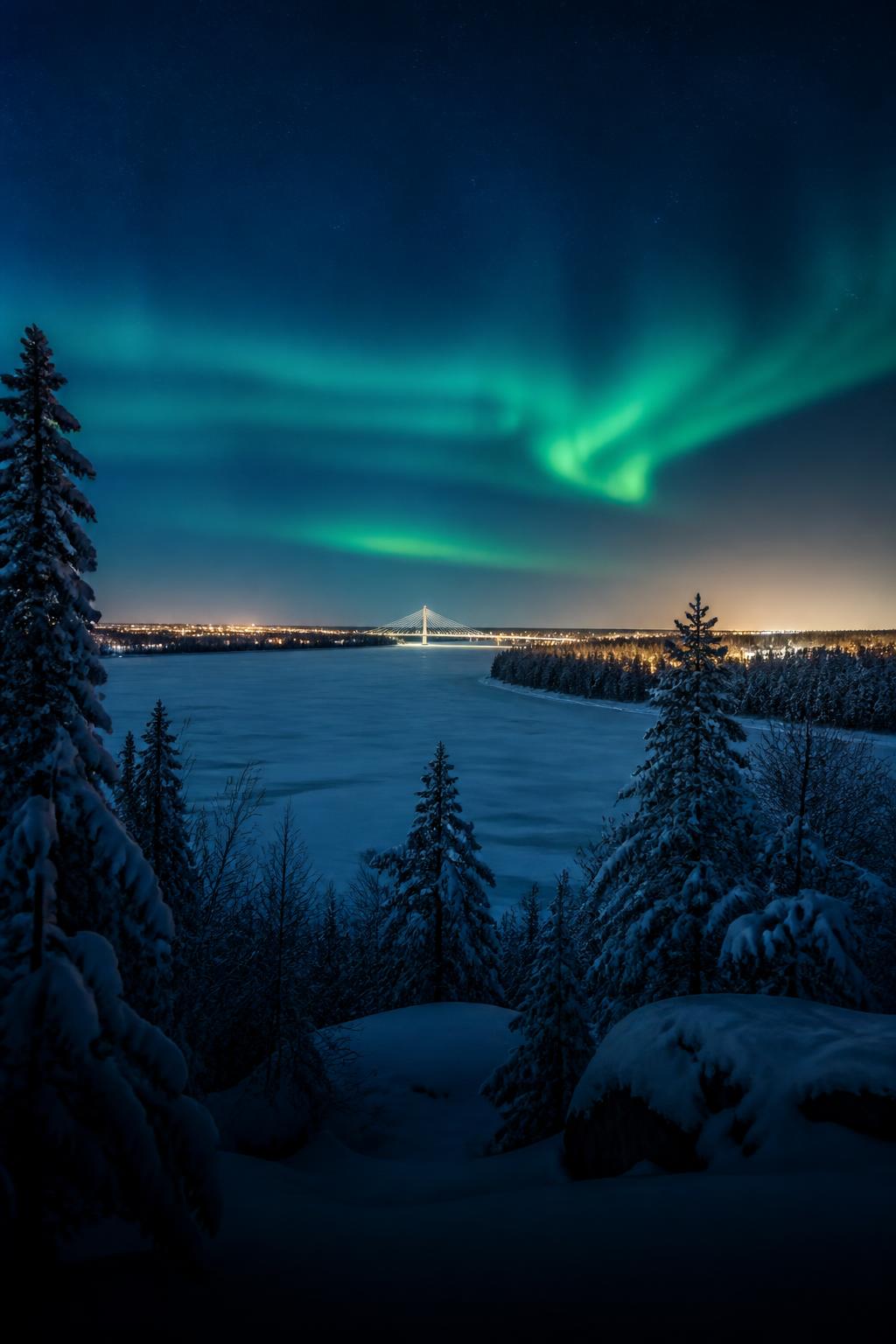 Aurora borealis over snowy Rovaniemi and the frozen Kemijoki river